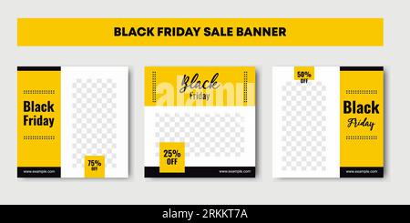 Schwarze Post-Vorlage für soziale Medien am freitag, gelbe und schwarze Farben. Bearbeitbares Marketing- und Anzeigenelement. Promo und Ankündigung Internet und wir Stock Vektor