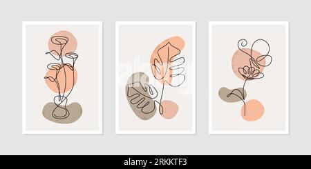One line continuous of plant set with flower, rose and butterfly. Continuous one line of modern abstract plant background with different shapes for wa Stock Vektor