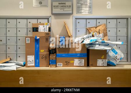 The largesse of online shopping is piled across the mailbox area in an apartment building in New York on Wednesday, August 16, 2023. (© Richard B. Levine) Stock Photo