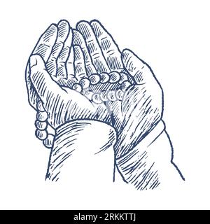 Praying hands with rosary, hand drawn vintage engraving sketch vector illustration. A human prays, holding a rosary in his hands isolated on white bac Stock Vector