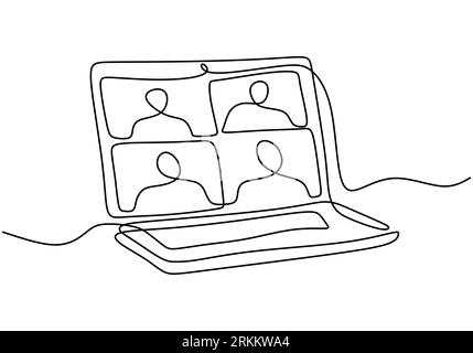 Continuous one line drawing of laptop on the desk with some people on screen for online class. E-learning, online education concept isolated on white Stock Vektor