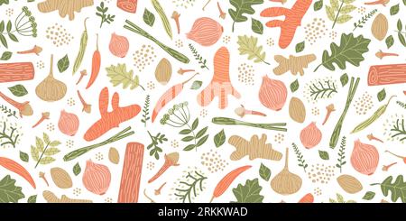 Seamless pattern with herbs and spices hand drawn. Hand-drawn seamless pattern of retro herb spice collection on white background Stock Vector