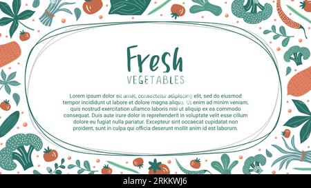 Frisches Gemüse Zeichnung Dekoration Banner Vorlage, Vektorillustration dekorative organische Pflanzenfutter mit Beispieltext. Stock Vektor