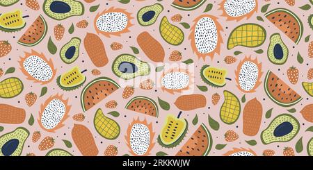 Seamless pattern with fruits drawing and leaves. Exotic fruit seamless pattern in hand-drawn style. Vector repeat background for colorful summer fabri Stock Vector