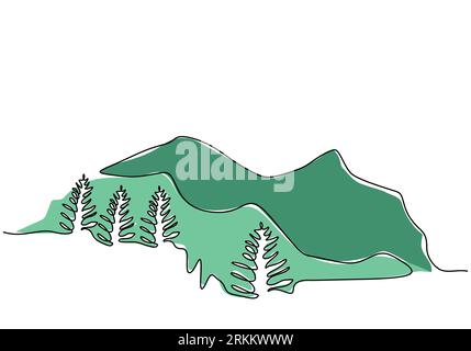 Mountain landscape, Forest theme. drawn in one line. Continuous line. Travels in nature. Minimalistic graphics vector illustration. Stock Vektor