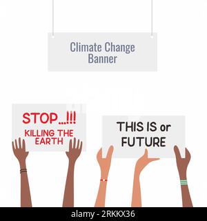 Climate change banner. Demonstrating concept, People protesting against climate change. Hands holding posters of Protesters to save our planet. Vector Stock Vector