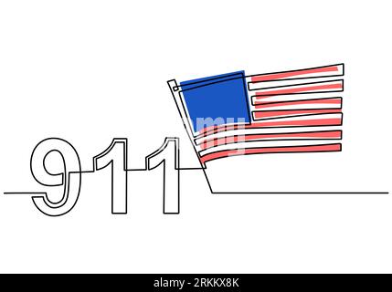 Durchgehende einzeilige Zeichnung des Patriot-Tag-Hintergrunds mit amerikanischer Flagge und isoliertem Hintergrund aus 911 Buchstaben. Stock Vektor