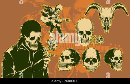 Set mit halloween-Designikonen mit menschlichem Schädel, Hornkopf und Schädel mit Blume. Vektor-Illustration T-Shirt-Design im Vintage-Stil Stock Vektor