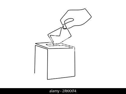Continuous single line of right hand inserting vote paper into box. Democracy day one line concept isolated on white background. Stock Vector
