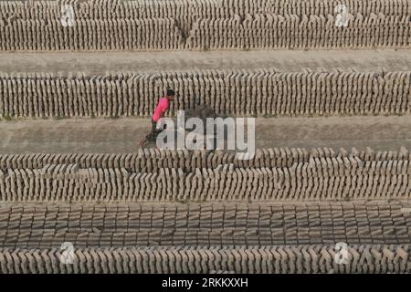 DHAKA, BANGLADESH-FEBRUARY 25, 2021: A Labor works at a brick field in Keraniganj outskirts of Dhaka, Bangladesh on February 25, 2021. Stock Photo