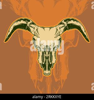 Illustration of line art with an animal theme using a skull object from a goat head. Horns head devil t-shirt design. Vector illustration in vintage r Stock Vector