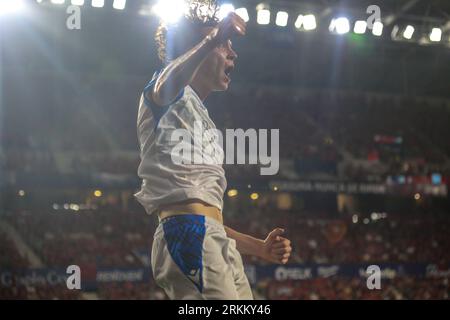 August 24, 2023, Pamplona, Foral Community of Navarre, Spain: Pamplona, Spain, 24th August, 2023: Club Brugge player Maxim de Cuyper (55) celebrates the second goal during the first leg of the previous round of the UEFA Europa Conference League 2023-24 between CA Osasuna and Club Brugge at the El Sadar Stadium, in Pamplona, on August 24, 2023. (Credit Image: © Alberto Brevers/Pacific Press via ZUMA Press Wire) EDITORIAL USAGE ONLY! Not for Commercial USAGE! Stockfoto