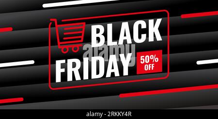 Black friday sale background banner with red trolley and 50 percent discount sale isolated on black background. Stock Vektor