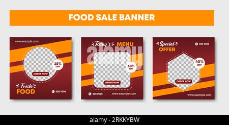 Set of social media post template design for food promotion square banner with photo collage. red, yellow, orange background layout for social network Stock Vector