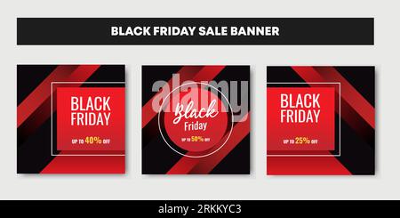 Three set of red Black friday sale background banner with geometric shape. Stock Vektor