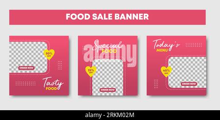 Social media post for food promotion. Set of pink colored layout design background food social network sale banner & post. Restaurant discount square Stock Vektor