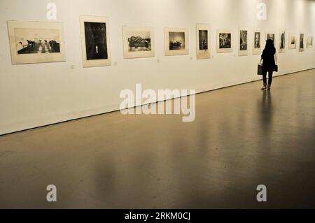 (111118) -- BEIJING, Nov. 18, 2011 (Xinhua) -- A visitor views photos of installations of Jannis Kounellis at Translating China -- Solo Exhibition of Jannis Kounellis in Beijing, capital of China, Nov. 18, 2011. The installation exhibition Translating China -- Solo Exhibition of Jannis Kounellis kicked off in Beijing on Friday. This exhibition witnesses the whole new works by Jannis Kounellis, the famous Arte Povera master from Italy. Artists of Arte Povera often use junks and everyday materials as the media of their artworks. (Xinhua/Cai Xiaotian) (zgp) CHINA-BEIJING-JANNIS KOUNELLIS-EXHIBITI Stock Photo