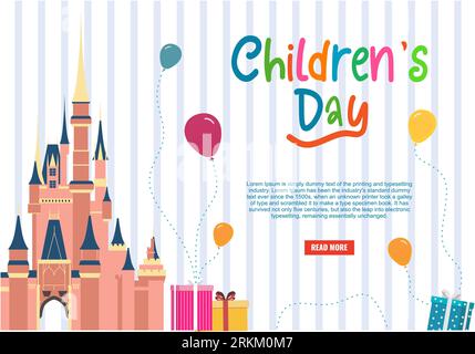 Happy children day background greeting card with balloons, gifts and palace. Stock Vector