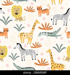 hand drawn lion, zebra, crocodile, cat and giraffe seamless pattern Stock Vektor