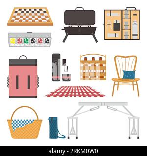 Set of equipment for camping and do activity outdoor in flat element style. Stock Vektor
