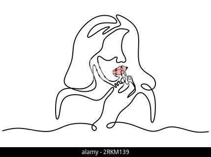 Durchgehende Einzeilenzeichnung langhaariger Frauen mit rotem Lippenstift auf den Lippen. Frau schminkt Thema eine Zeile isoliert auf weißem Hintergrund. Stock Vektor