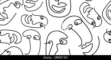 Abstract one line drawing masks and faces vector design isolated background. Stylized printable design in sketch, doodle style. Surreal texture. Stock Vektor