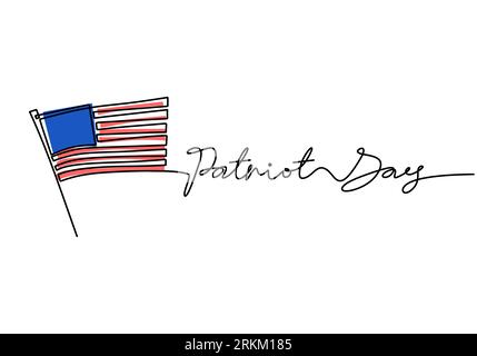 Continuous one line drawing of patriot day with american flag and patriot day word hand written letter isolated background. Stock Vector