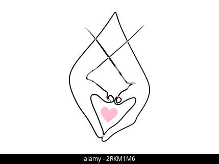 Holding hands line drawing. Couple romantic in love, minimalist hand drawn one single sketch, contour art with heart symbols. Stock Vektor