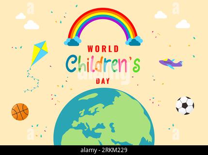 Happy children day background greeting card with rainbow, kite, earth and airplane. Stock Vektor