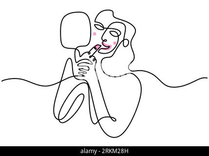 Continuous single line drawing of happy woman face using pink lipstick with big mirror. Woman make up theme one line isolated on white background. Stock Vector