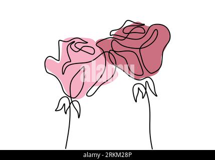 Rose line art drawing, continuous hand drawn minimalist flowers. Two blossoms isolated on white background. Stock Vector