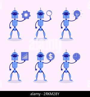 Six cute robot holding business element Stock Vector