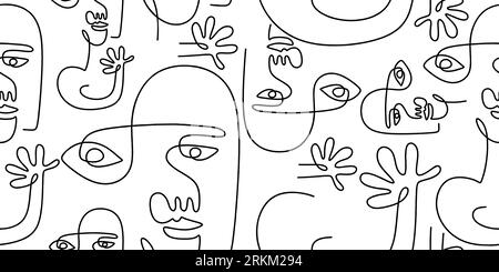 One-Line-Kunstporträts abstrakte weibliche Gesichtsmalerei minimalistisches Set. Gesichter Masken sich wiederholendes Muster. Vektorillustration auf weißem Hintergrund Stock Vektor