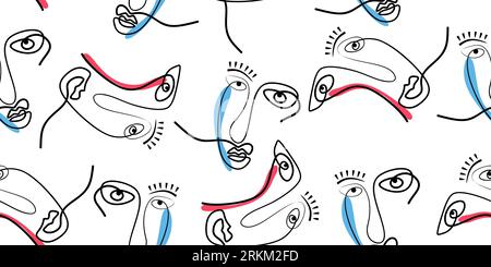 One continuous line drawing faces, fashion minimalist patterns. Contemporary abstract style with colorful shapes. Vector group of people illustration Stock Vector