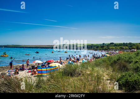 Studland Küste und Bucht Dorset England Großbritannien liegt zwischen Swanage und Poole und Bournemouth. Überfüllter Strand am heißen Sommertag. Sonnenschirme und Windpausen. Stockfoto