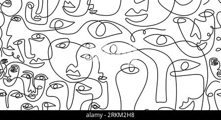 One-Line-Kunstporträts abstrakte weibliche Gesichtsmalerei minimalistisches Set. Gesichter Masken sich wiederholendes Muster. Vektorillustration auf weißem Hintergrund Stock Vektor