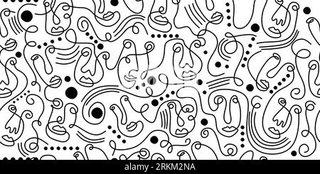 Abstract one line drawing masks and faces vector design isolated background. Stylized printable design in sketch, doodle style. Surreal texture. Stock Vektor