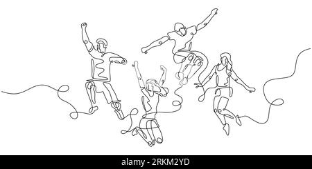 continuous line drawing of four jumping happy team members. One single line drawing of a group of friends jumping with joy. Stock Vector