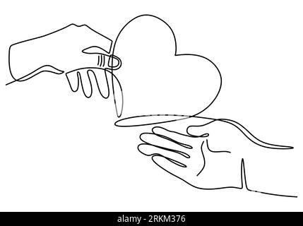 One line drawing of children giving love heart shaped to mother or father. Mom and dad loving care parenting concept. Family insurance sign symbol. Ch Stock Vector