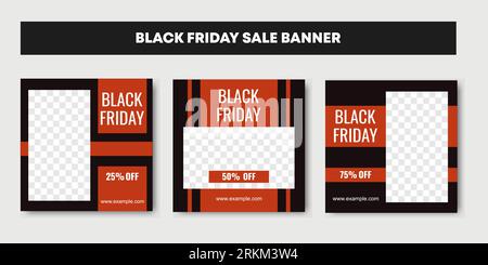 Three set of black and orange Black friday sale background banner with 25, 50 and 75 percent discount. Stock Vector