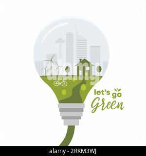 Green energy concept banner. Flat metaphor creative with light bulb and eco city. Go green quote typography, industrial sustainable development with e Stock Vektor