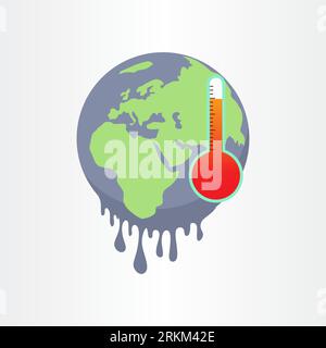 Climate change symbol with earth and red thermometer. Global warming and damage of ecology. World map melting caused by air pollution and environmenta Stock Vector