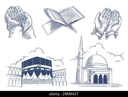 Handgezeichnetes Set Vintage-Stil der Religion Thema: Betende Hände, Mekka kaaba, Moschee, al-qur'an isoliert auf weißem Hintergrund. Vektor-Doodle-Illustration Stock Vektor