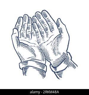 Hand drawn praying hands. A human prays, holding a rosary in his hands isolated on white background. Old vintage engraving sketch vector illustration Stock Vector