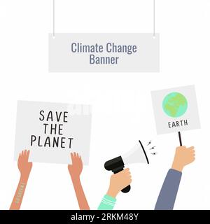 Climate change banner. Demonstrating concept, People protesting against climate change. Hands holding posters of Protesters to save our planet. Vector Stock Vector