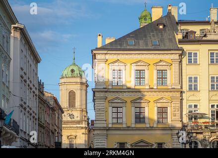 Bandinelli Palace and Dominican Church Tower - Lviv, Ukraine Stock Photo