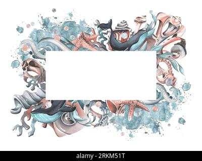 Wale mit Muscheln, Seesternen, Blasen, Algen und Korallen Türkis. Aquarellzeichnung handgezeichnet. Vorlage, Rahmen auf weißem Hintergrund. Stockfoto