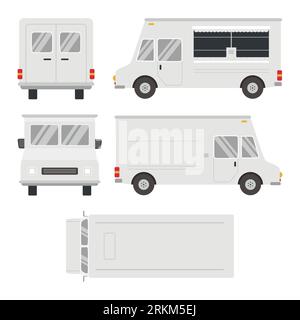 Set aus Food Truck in vielen Ansichten Engel in flacher Elementausführung. Stock Vektor