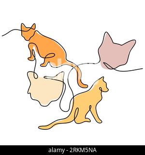 Continuous one single line of two abstract cute cats isolated on white background. Stock Vector