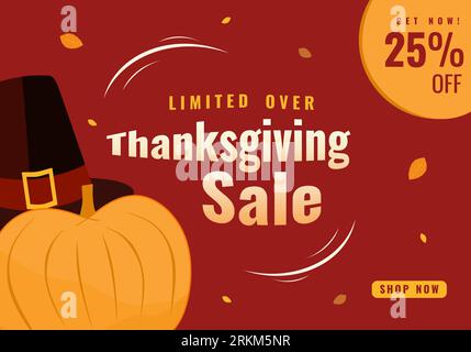 Verkaufsposter, Banner oder Flyer für Thanksgiving-Feier auf Ahornblättern mit glänzendem Hintergrund. Aktionsbanner mit 25 % Rabatt. Vektor Stock Vektor